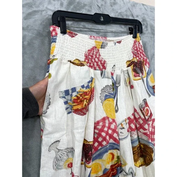 Kimchi Blue Sz S Caroline Smocked Wide Leg Linen-Blend Pant Novelty Diner Print - Picture 2 of 11